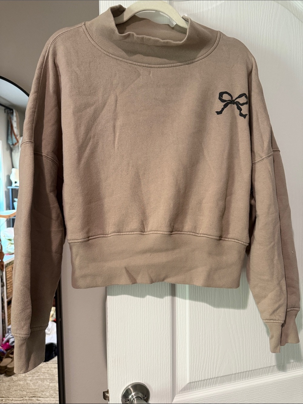 Wild Fable Taupe Cropped Sweatshirt with Black Bow Embroidery